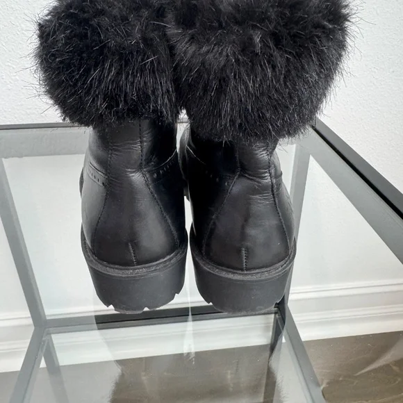 CHARLES DAVID Leather Black Combat Boots Faux Fur Trim Size 8 - Picture 7 of 14